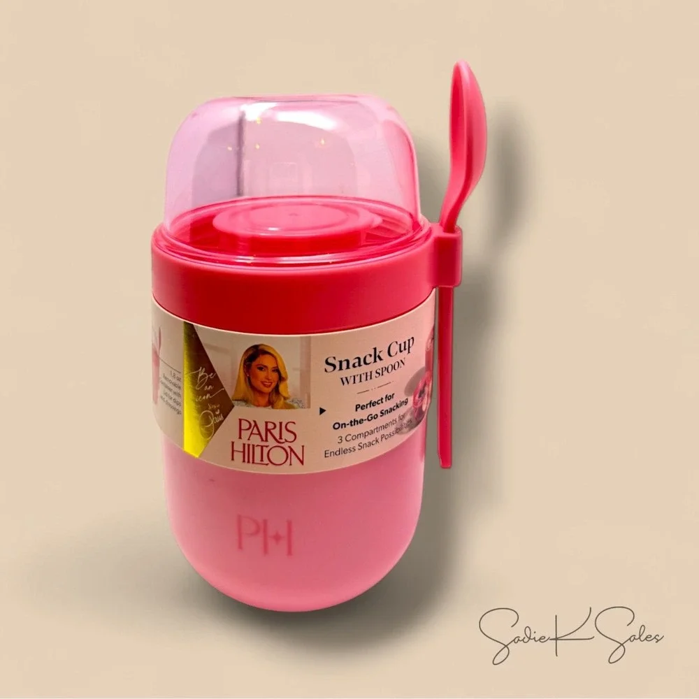Paris Hilton Pink‎ Bow Snack Cup with Spoon – 3 Compartments, On-the-Go Lunch